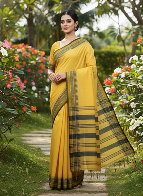 Yellow bengali khadi cotton saree for women 4