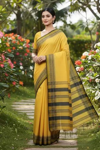 Yellow bengali khadi cotton saree for women