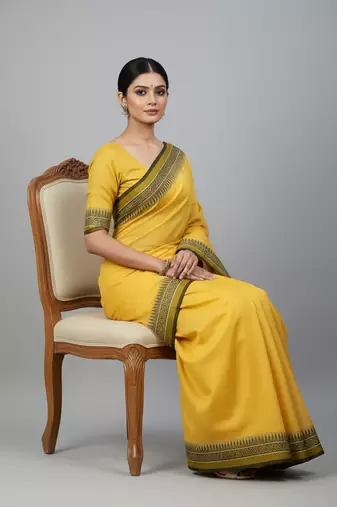 Yellow bengali khadi cotton saree for women