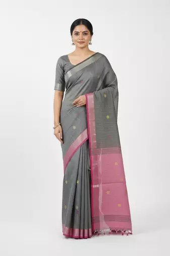 Grey bengali khadi cotyton saree stylish for women