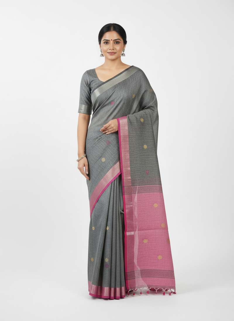 Grey bengali khadi cotyton saree stylish for women
