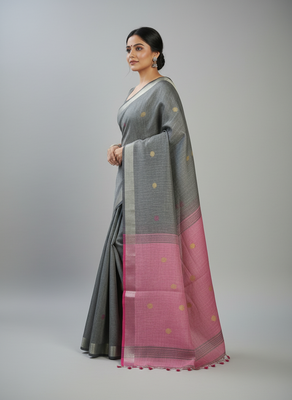 Grey bengali khadi cotton saree for women 2