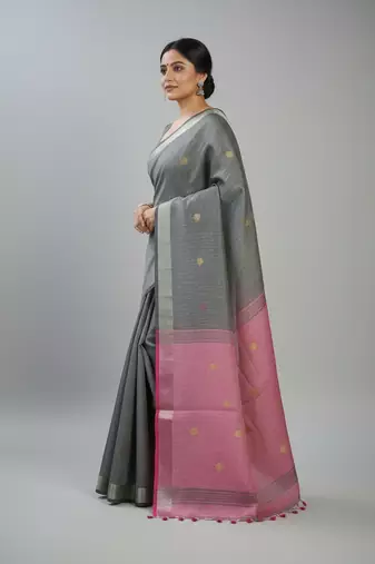Grey bengali khadi cotton saree for women