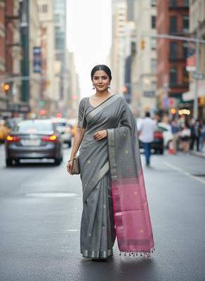 Grey bengali khadi cotton saree for women 3