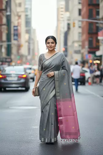 Grey bengali khadi cotton saree for women