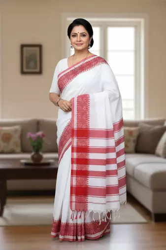 White bengali khadi cotton saree for women
