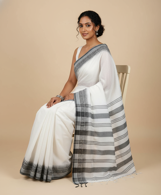 White bengali khadi cotton saree for women 2