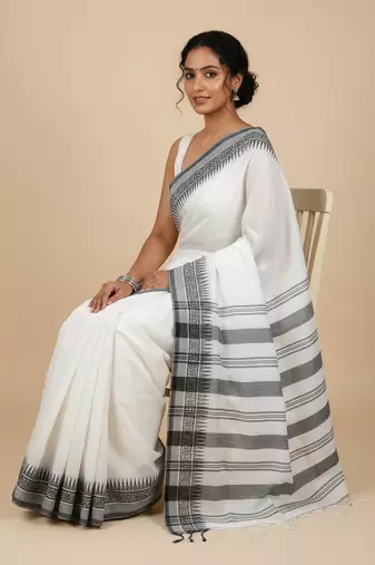 White bengali khadi cotton saree for women