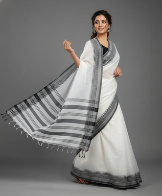 White bengali khadi cotton saree for women 3