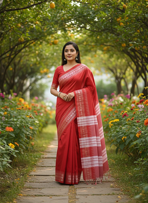 red bengali khadi cotton saree for women 1