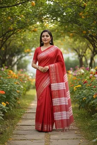red bengali khadi cotyton saree stylish for women