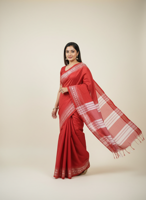 red bengali khadi cotton saree for women 2