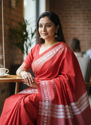 red bengali khadi cotton saree for women 3