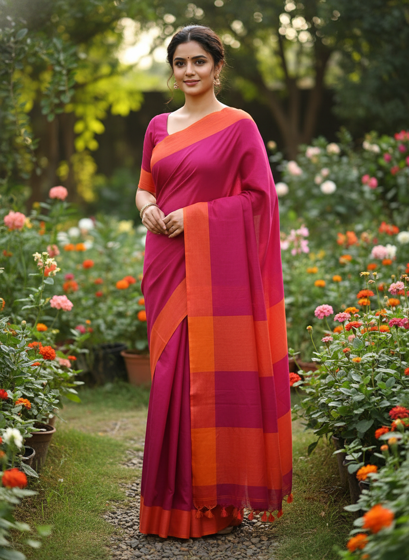 Pink bengali khadi cotyton saree stylish for women