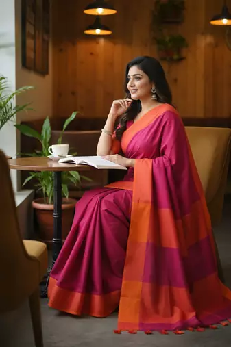 Pink bengali khadi cotton saree for women
