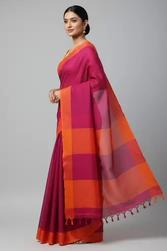 Pink bengali khadi cotton saree for women