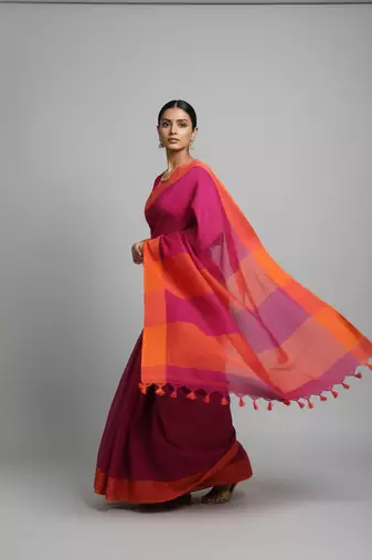 Pink bengali khadi cotton saree for women