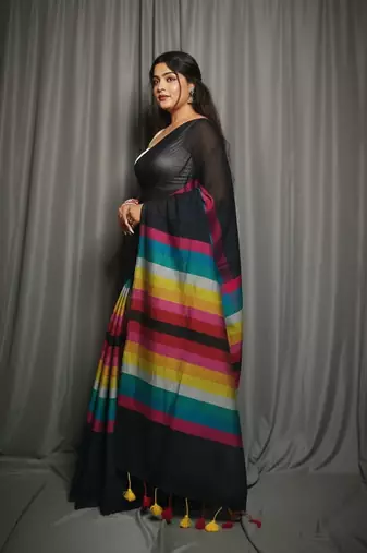 Black bengali khadi cotton saree for women