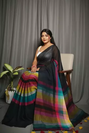 Black bengali khadi cotton saree for women
