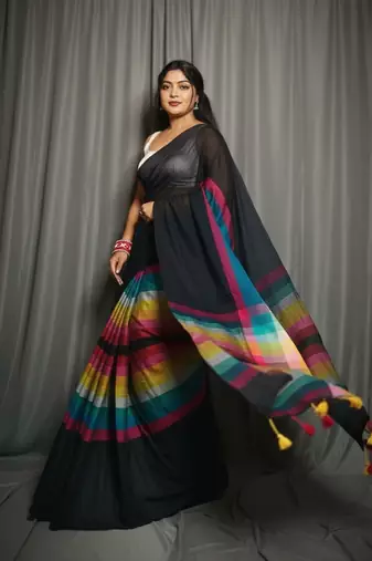 Black bengali khadi cotton saree for women