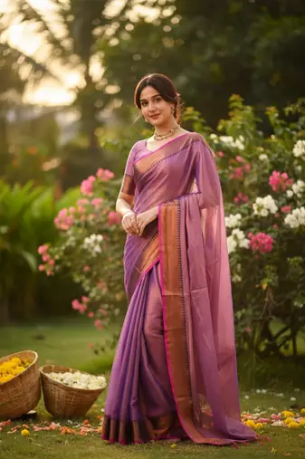 Lavender bengali khadi cotton saree for women