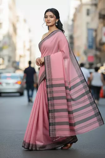 Pink bengali khadi cotyton saree stylish for women
