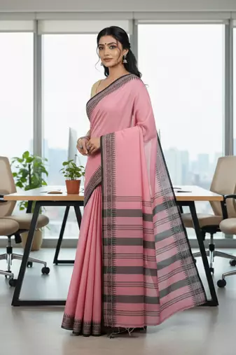 Pink bengali khadi cotton saree for women