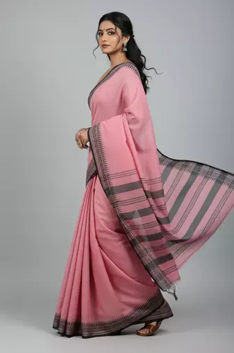 Pink bengali khadi cotton saree for women