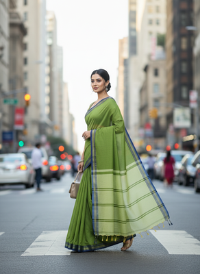 Green bengali khadi cotton saree for women 2