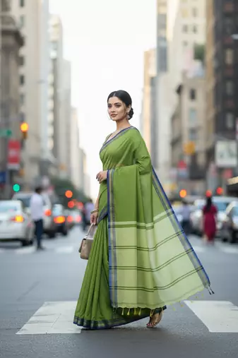 Green bengali khadi cotton saree for women