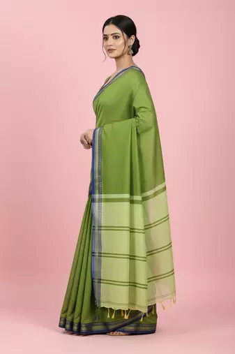 Green bengali khadi cotton saree for women