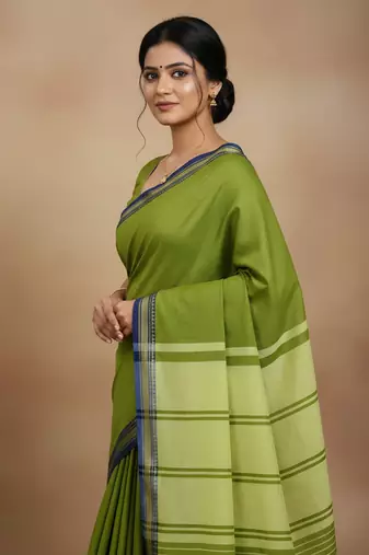 Green bengali khadi cotton saree for women