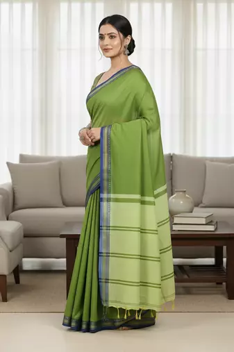 Green bengali khadi cotton saree for women