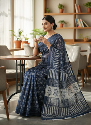 Blue bengali khadi cotton saree for women 2
