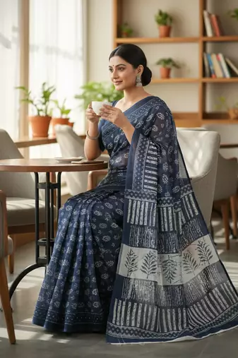 Blue bengali khadi cotton saree for women