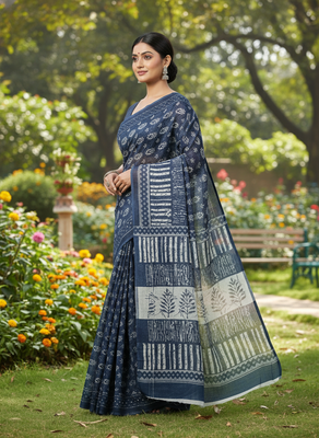 Blue bengali khadi cotton saree for women 3