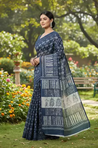 Blue bengali khadi cotton saree for women