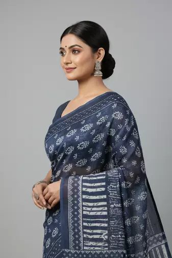 Blue bengali khadi cotton saree for women