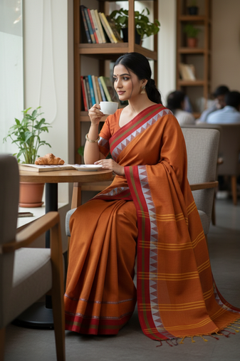 Orange bengali khadi cotyton saree stylish for women