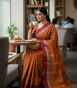 Orange bengali khadi cotyton saree stylish for women