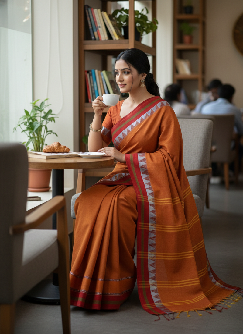 Orange bengali khadi cotyton saree stylish for women