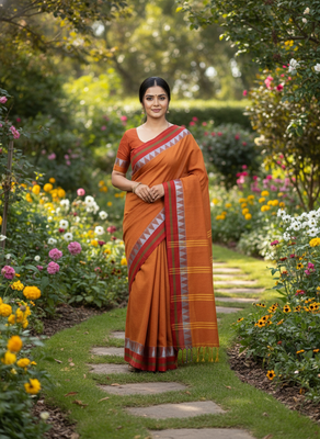 Orange bengali khadi cotton saree for women 2