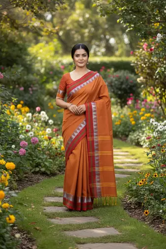 Orange bengali khadi cotton saree for women