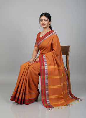 Orange bengali khadi cotton saree for women 3