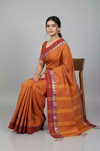 Orange bengali khadi cotton saree for women
