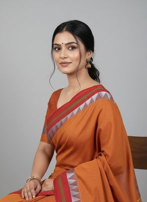 Orange bengali khadi cotton saree for women 4