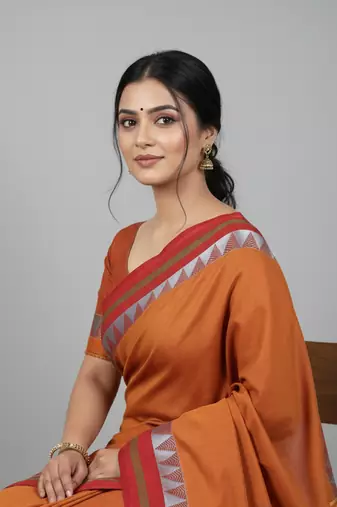 Orange bengali khadi cotton saree for women
