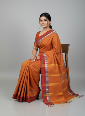 Orange bengali khadi cotton saree for women 5