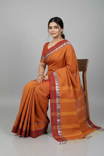 Orange bengali khadi cotton saree for women