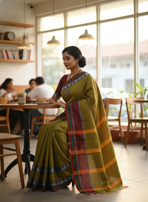 Green bengali khadi cotton saree for women 2